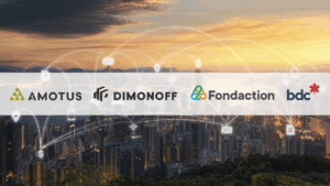 Logos of Dimonoff, Amotus, Fondaction, and BDC over a smart city skyline representing IoT connectivity and investment partnership