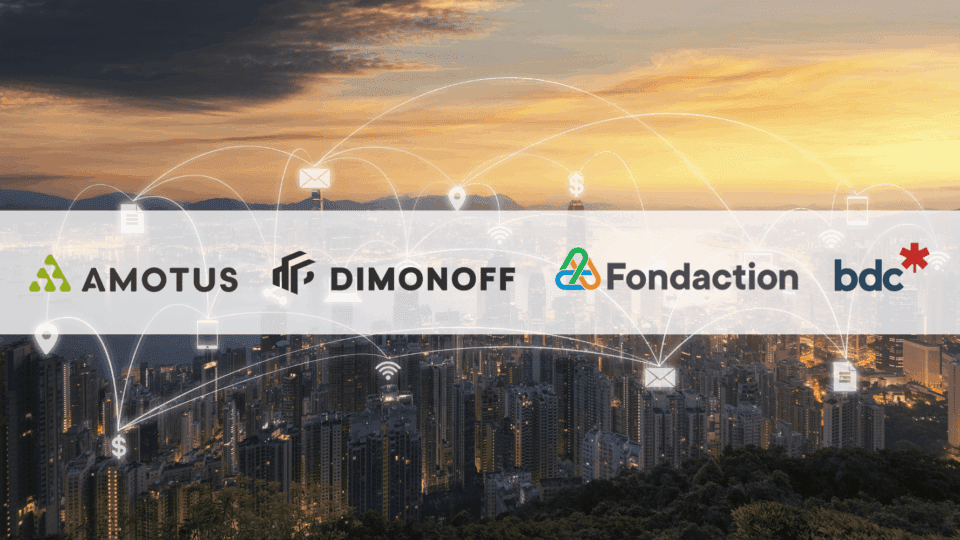 Logos of Dimonoff, Amotus, Fondaction, and BDC over a smart city skyline representing IoT connectivity and investment partnership