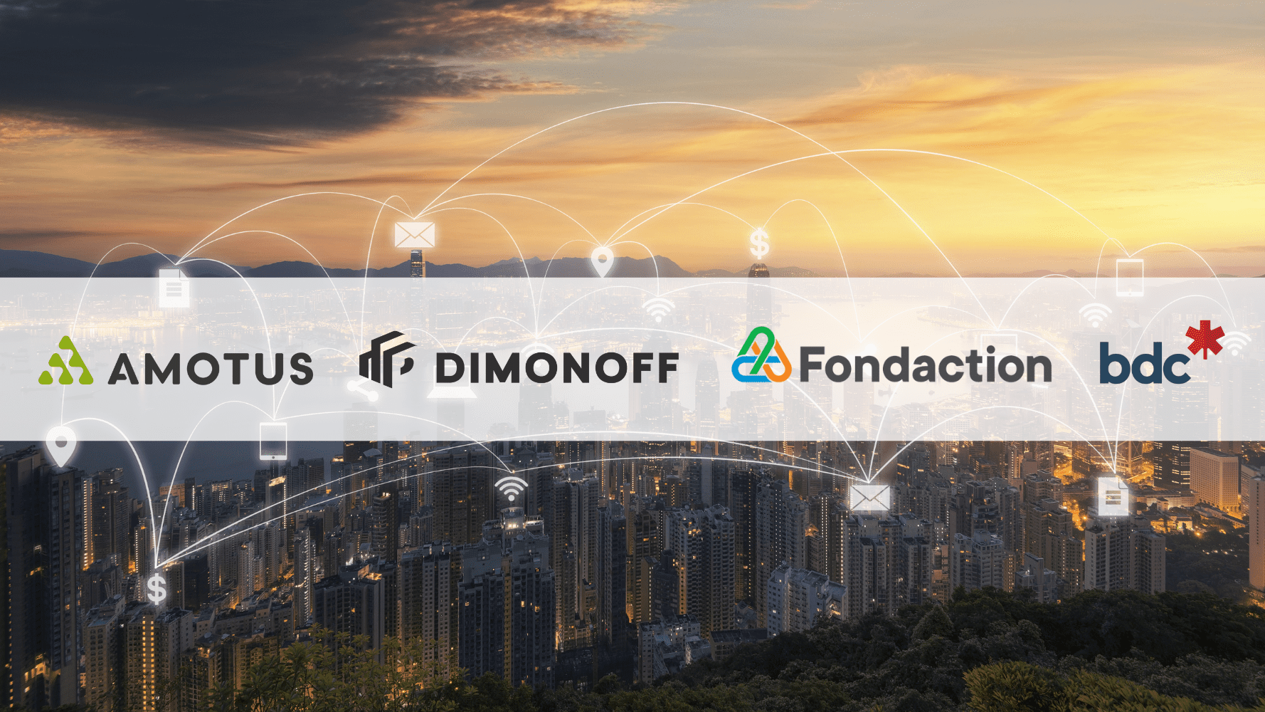 Logos of Dimonoff, Amotus, Fondaction, and BDC over a smart city skyline representing IoT connectivity and investment partnership