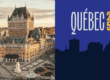 Photo du Château Frontenac à Québec au coucher du soleil, à côté du visuel officiel de l’émission “Québec 2050” de Radio-Canada.
