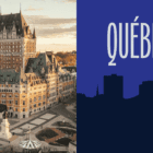 Photo du Château Frontenac à Québec au coucher du soleil, à côté du visuel officiel de l’émission “Québec 2050” de Radio-Canada.