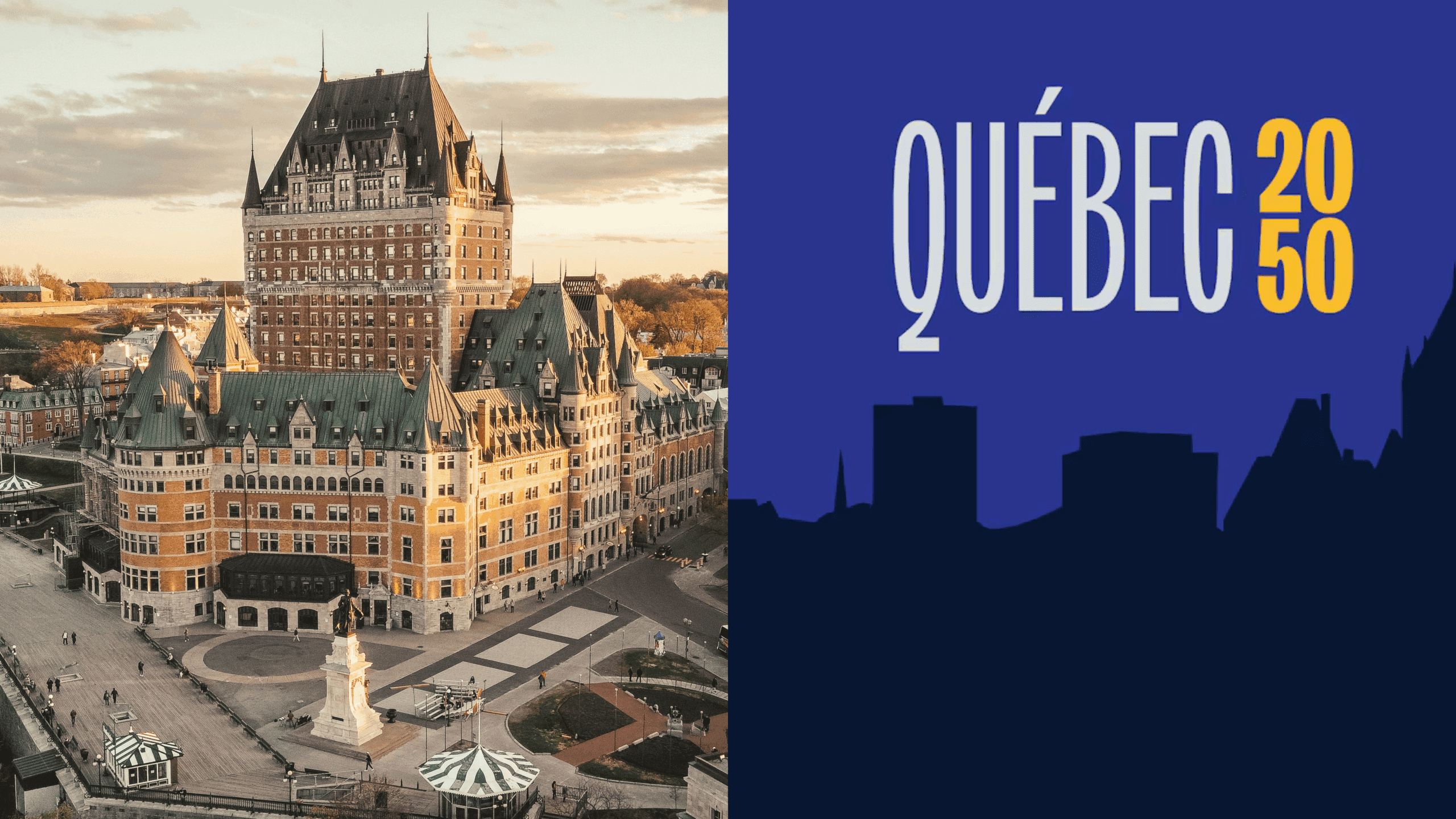 Photo du Château Frontenac à Québec au coucher du soleil, à côté du visuel officiel de l’émission “Québec 2050” de Radio-Canada.