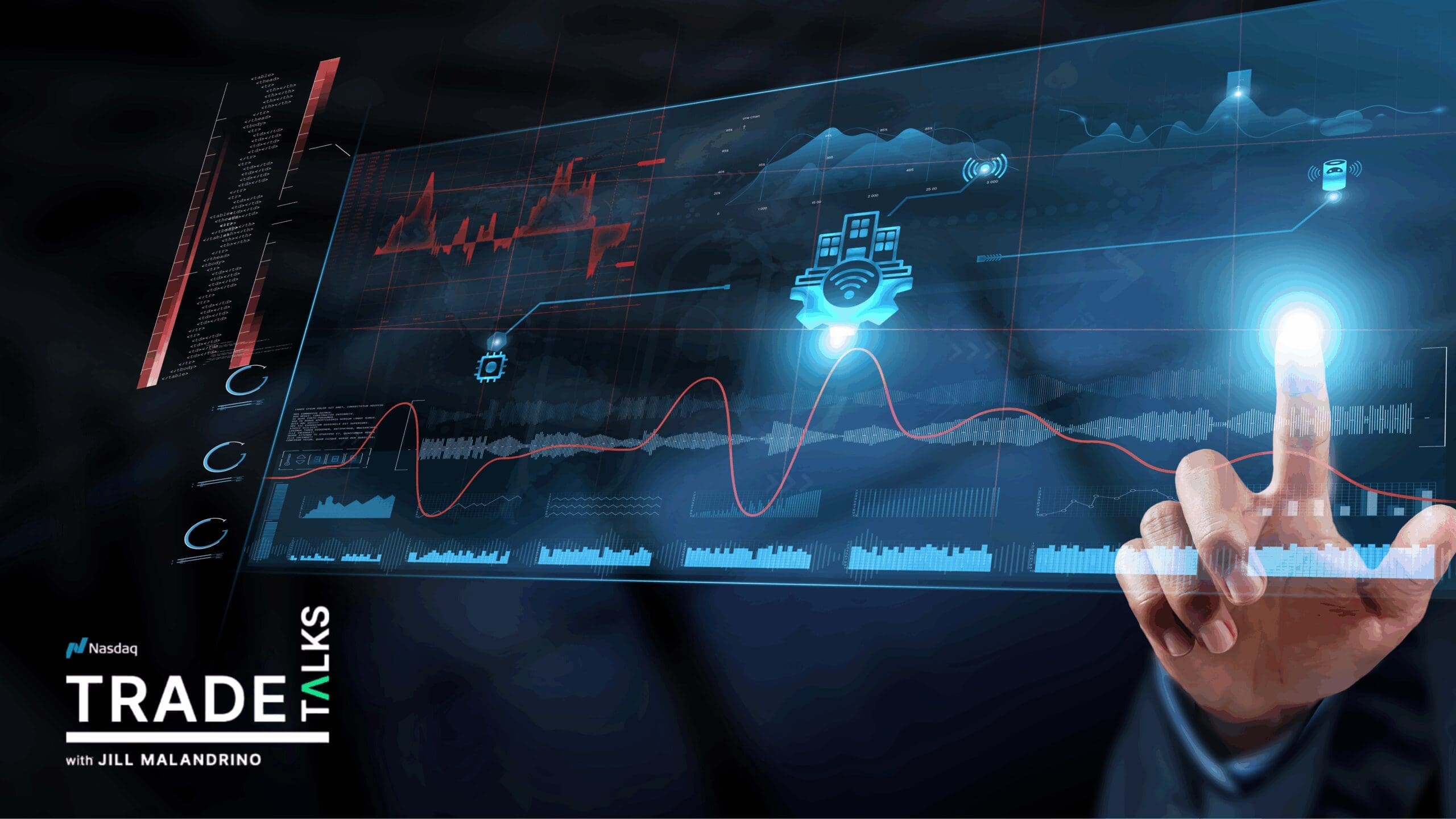 Dimonoff-Nasdaq-TradeTalks-IoT-Climate-Solutions A business professional interacts with a digital interface displaying smart city and IoT data analytics, representing Dimonoff’s discussion on IoT and climate solutions at Nasdaq TradeTalks.