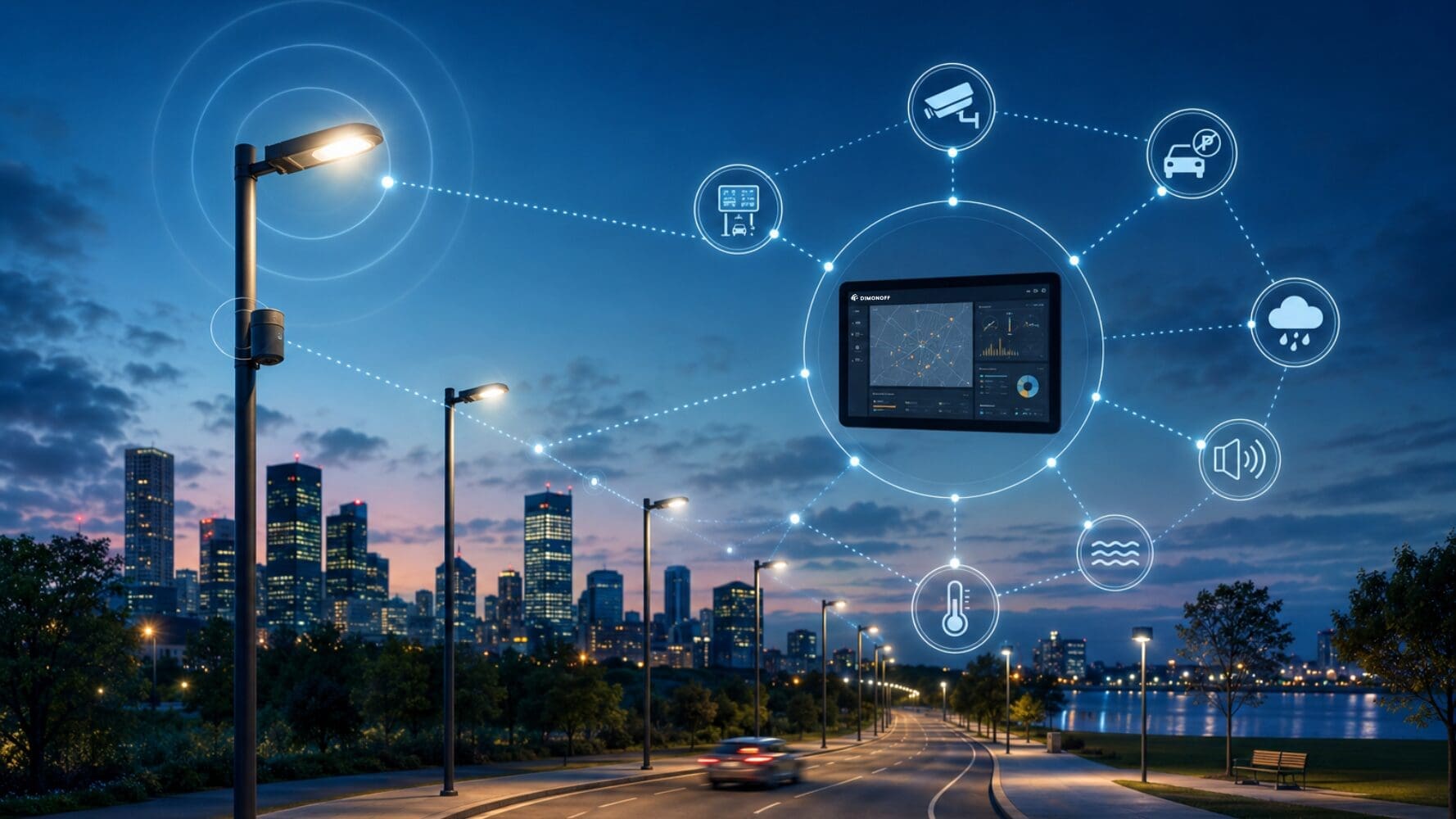 Illustration of a smart public lighting network connected to a centralized urban management platform